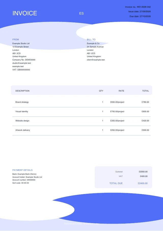 Aurora Wave PDF invoice template with fictional sample details
