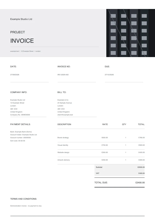 Project Invoice PDF invoice template with fictional sample details