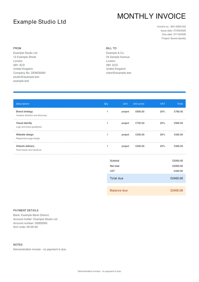 Monthly Professional PDF invoice template with fictional sample details