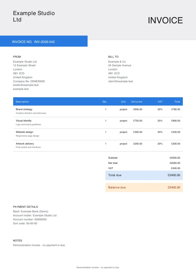 Corporate Tab PDF invoice template with fictional sample details