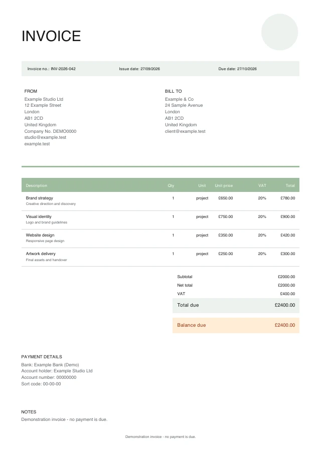 Clean Colour Bar PDF invoice template with fictional sample details