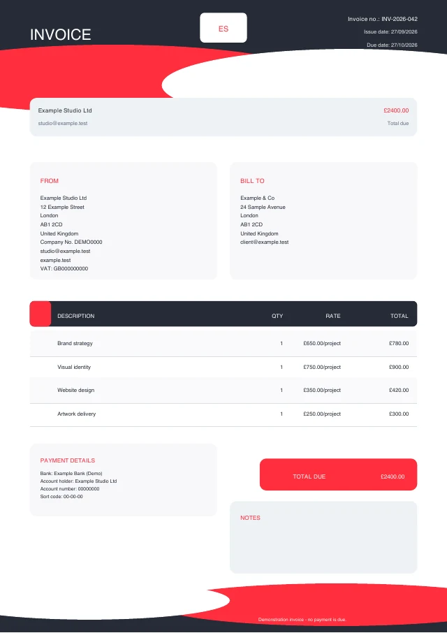 Crimson Slate PDF invoice template with fictional sample details