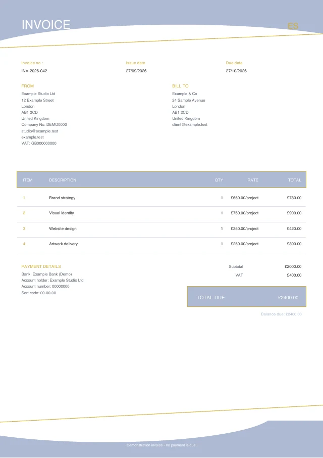 Luxury Wave PDF invoice template with fictional sample details