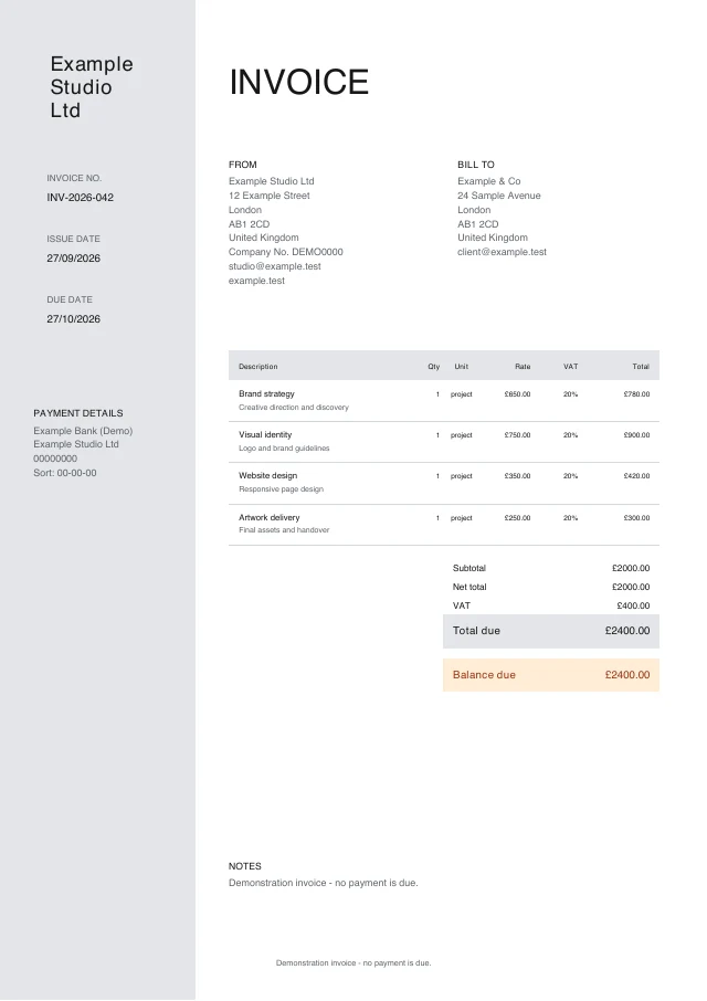 Sidebar Minimal PDF invoice template with fictional sample details