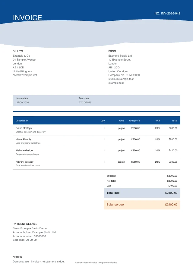 Modern Wave PDF invoice template with fictional sample details