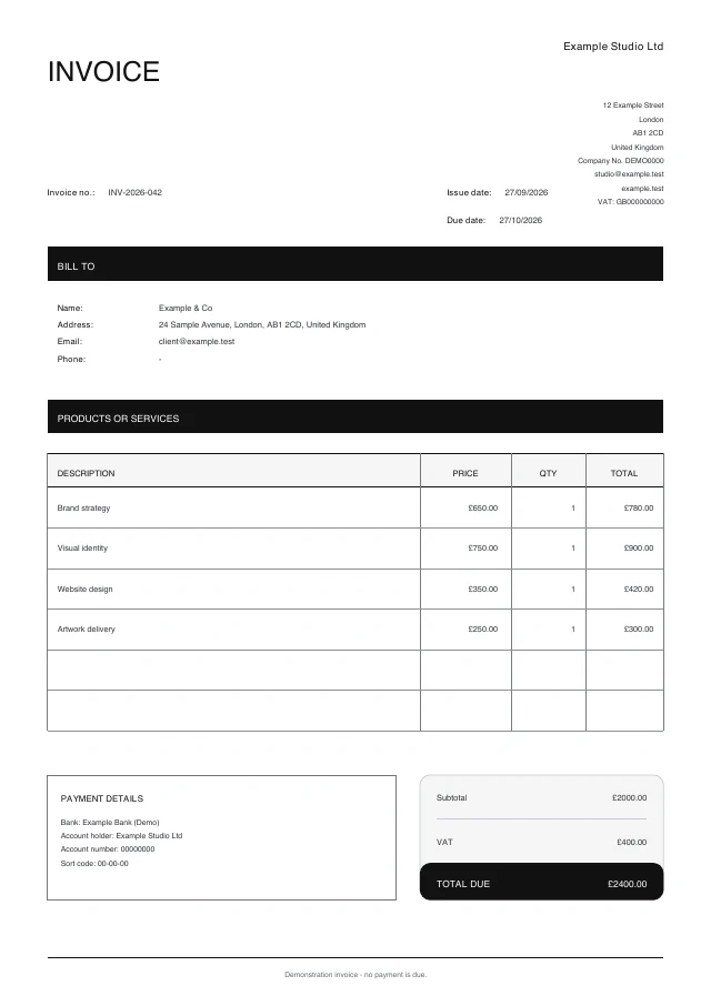 Modern Mono PDF invoice template with fictional sample details