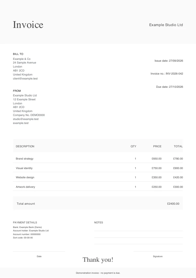 Soft Signature PDF invoice template with fictional sample details