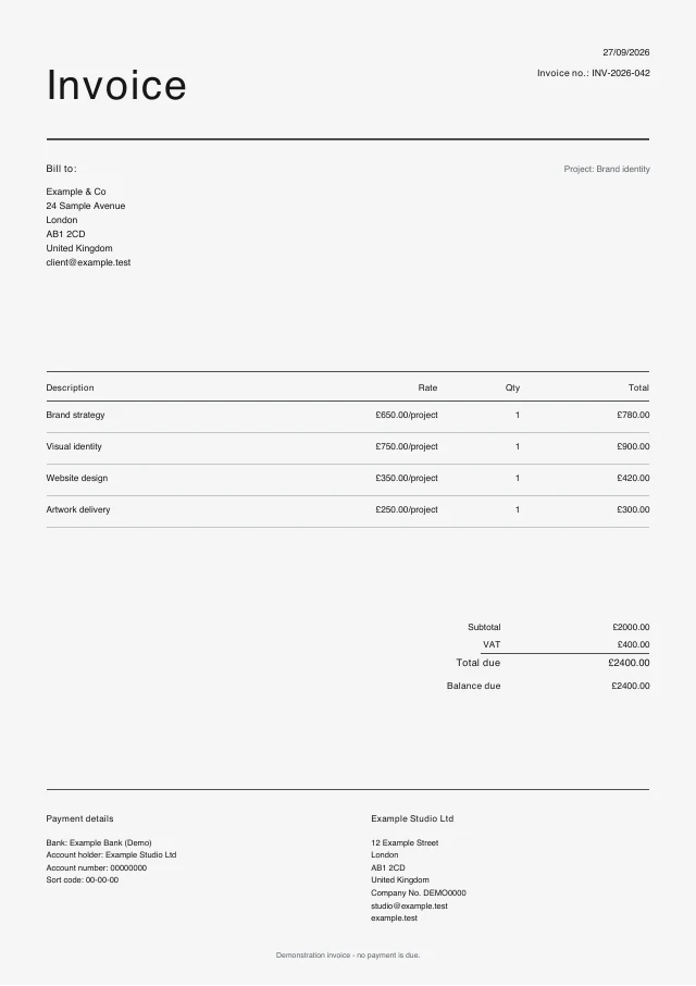 Bold Minimal PDF invoice template with fictional sample details